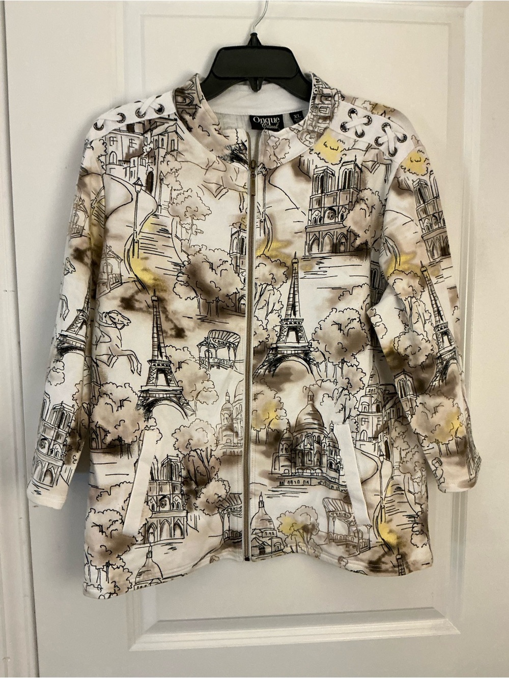 Onque Casuals White, Tan & Gold Paris Landmark Bomber Jacket